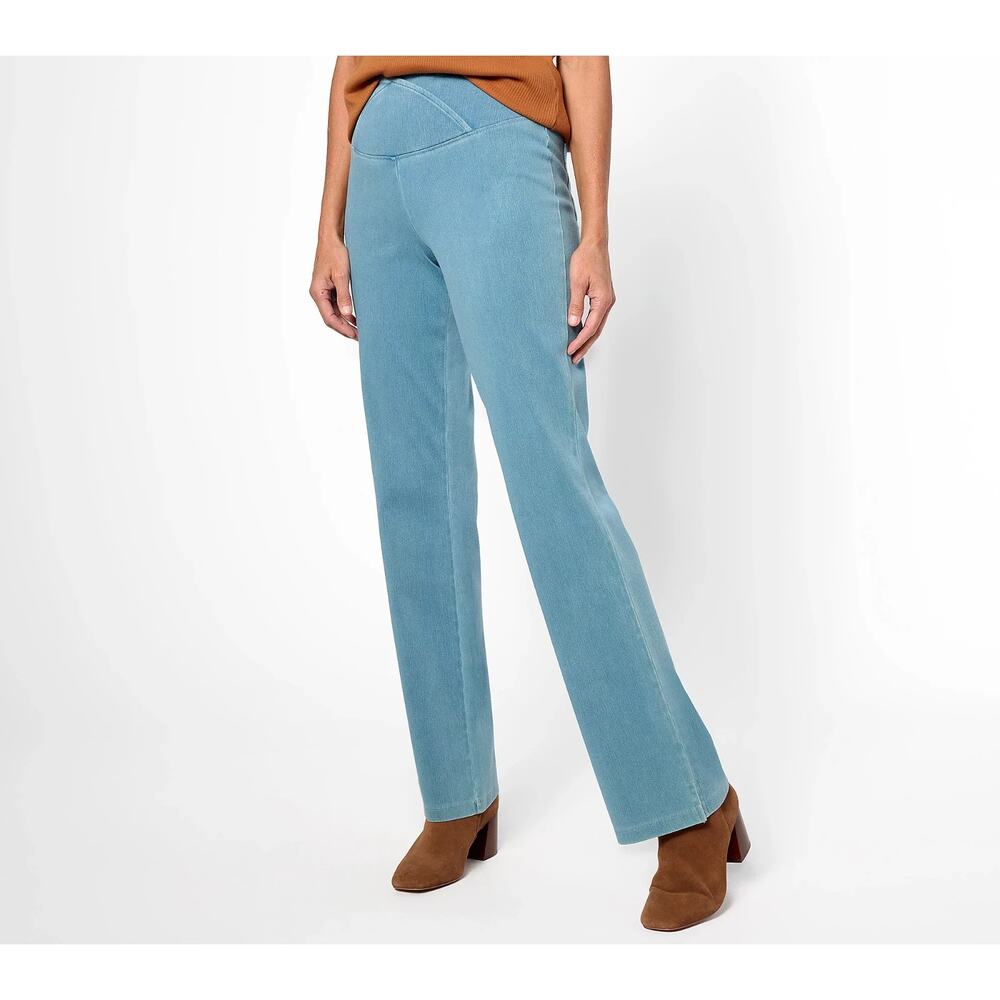 Women with Control Petite Elite Prime Stretch Denim Flare Pant Sz 30W Stone Wash